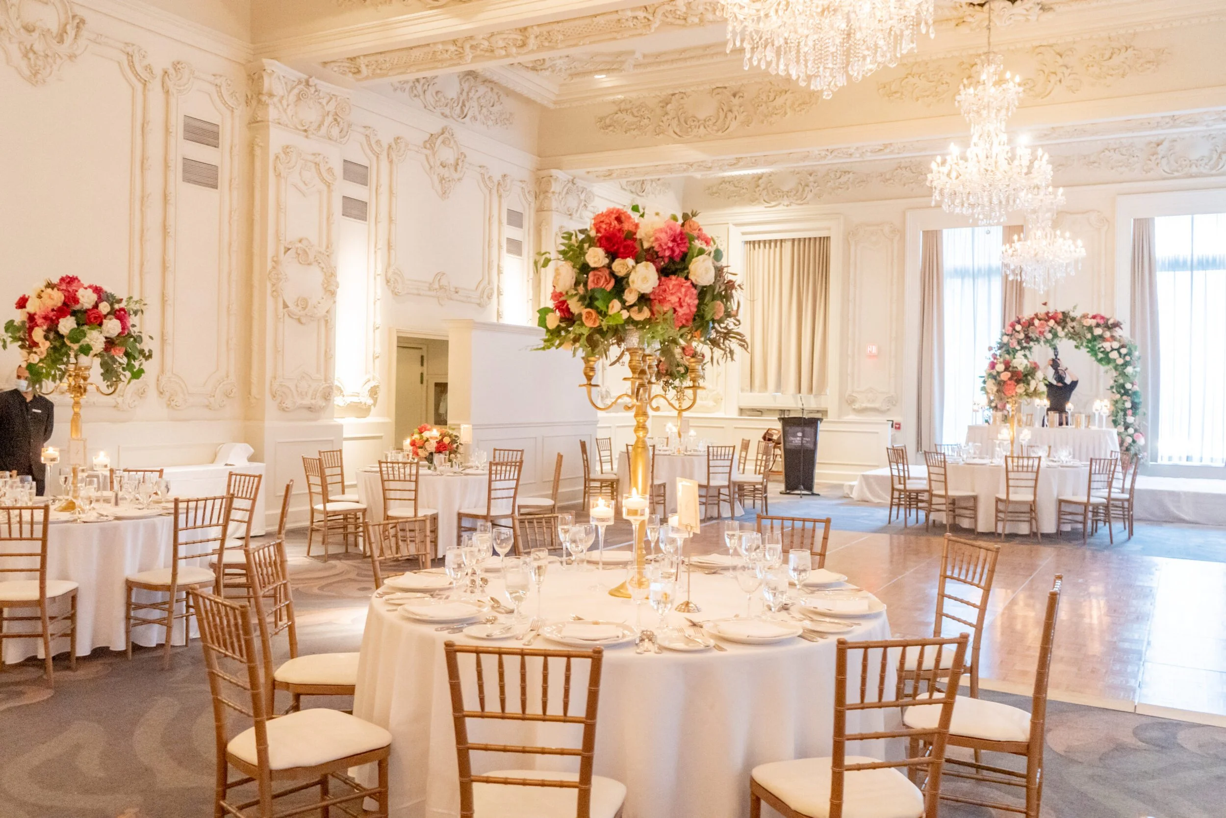 Omni King Edward Ballroom dressed for a wedding reception in Toronto