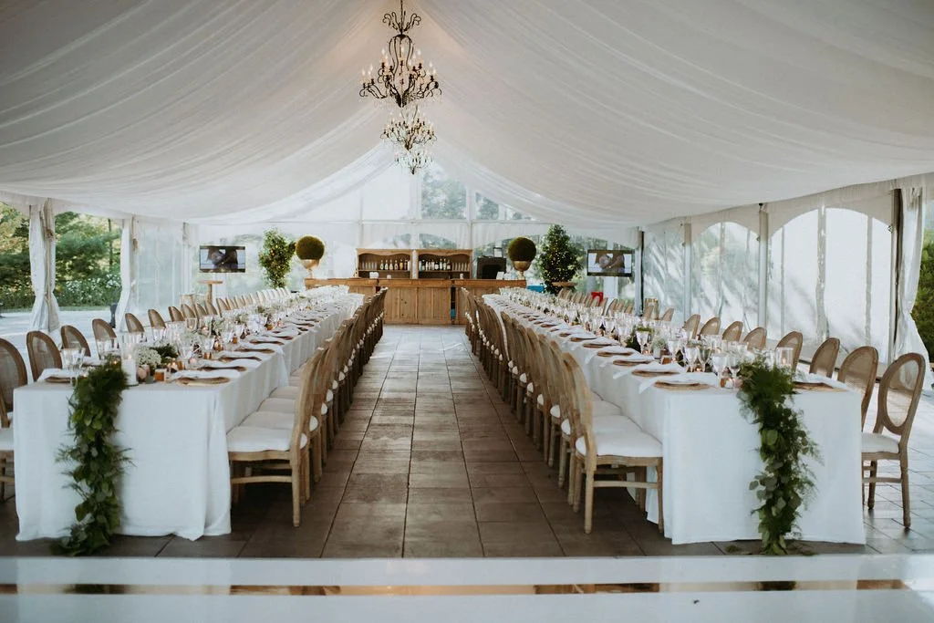 Modern wedding reception floor plan with long banquet tables creating an intimate guest experience at Belcroft Estate by Events by Whim