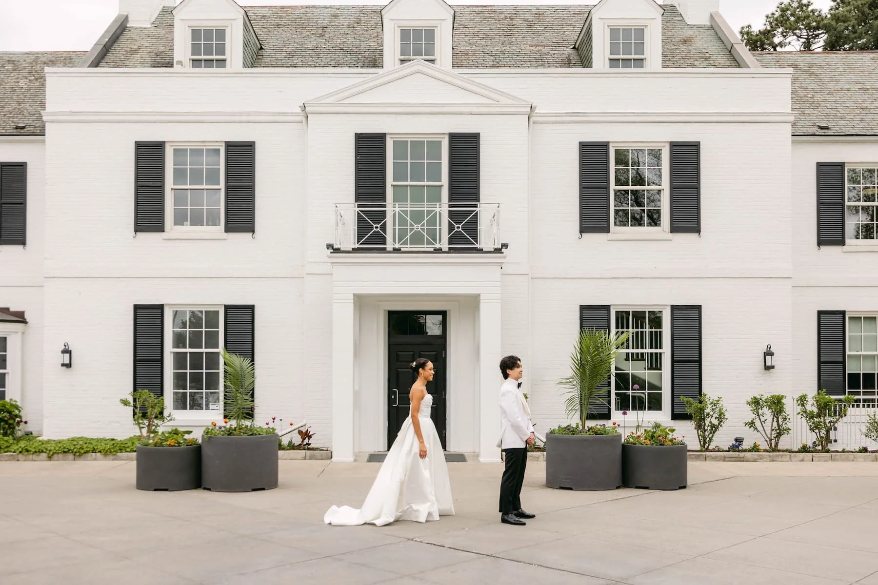 Bride and groom just before first look at multicultural fusion wedding at Harding Waterfront Estate