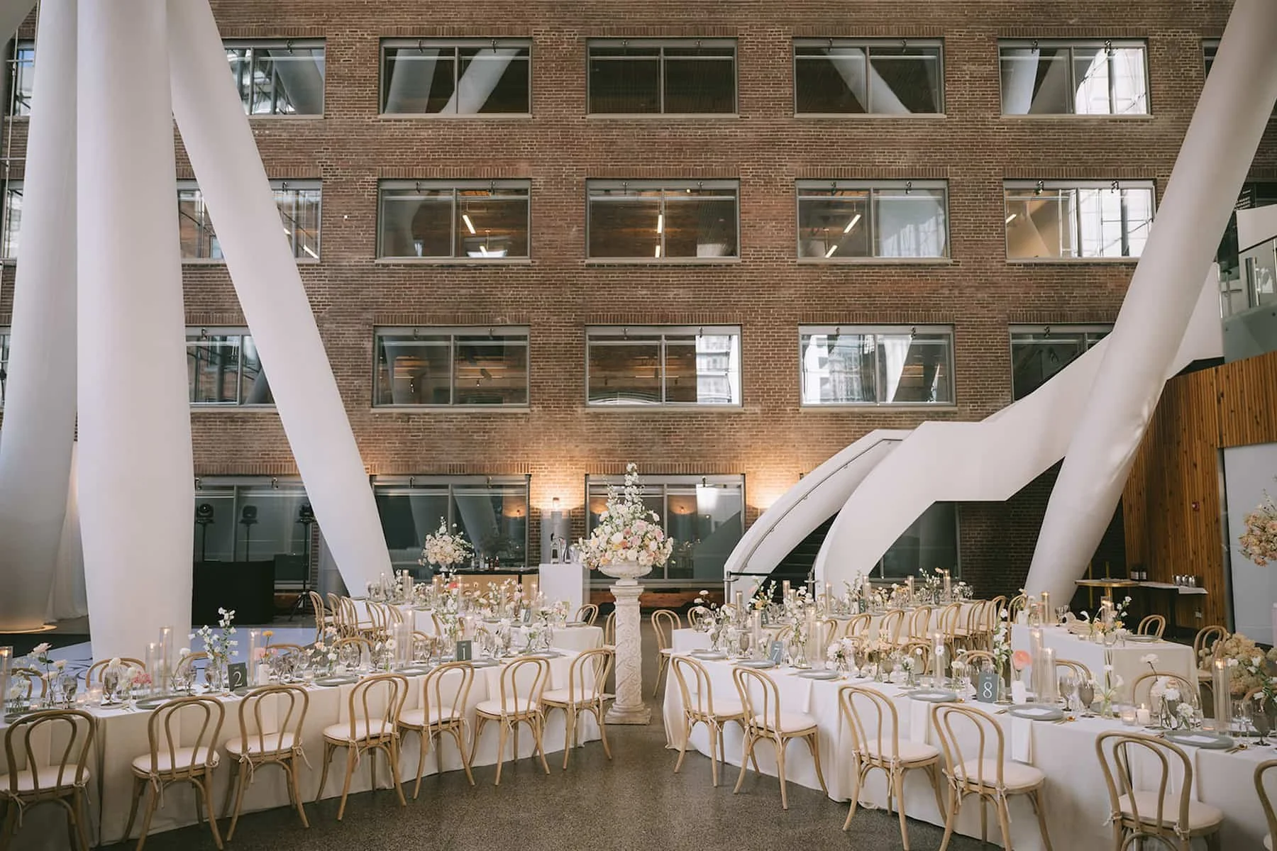 Reception layout at Ricarda's Toronto showing banquet tables, guest flow and modern wedding design.
