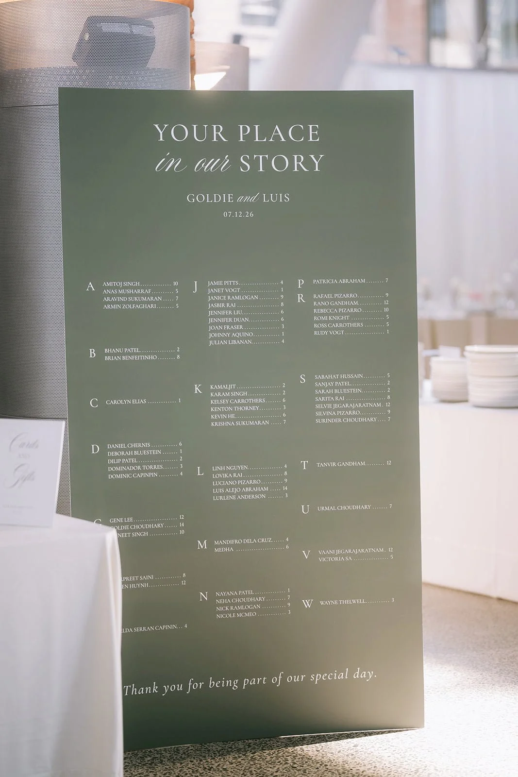 Custom sage green wedding seating chart displayed at the entrance to a Hindu wedding reception at Ricarda's in Toronto.