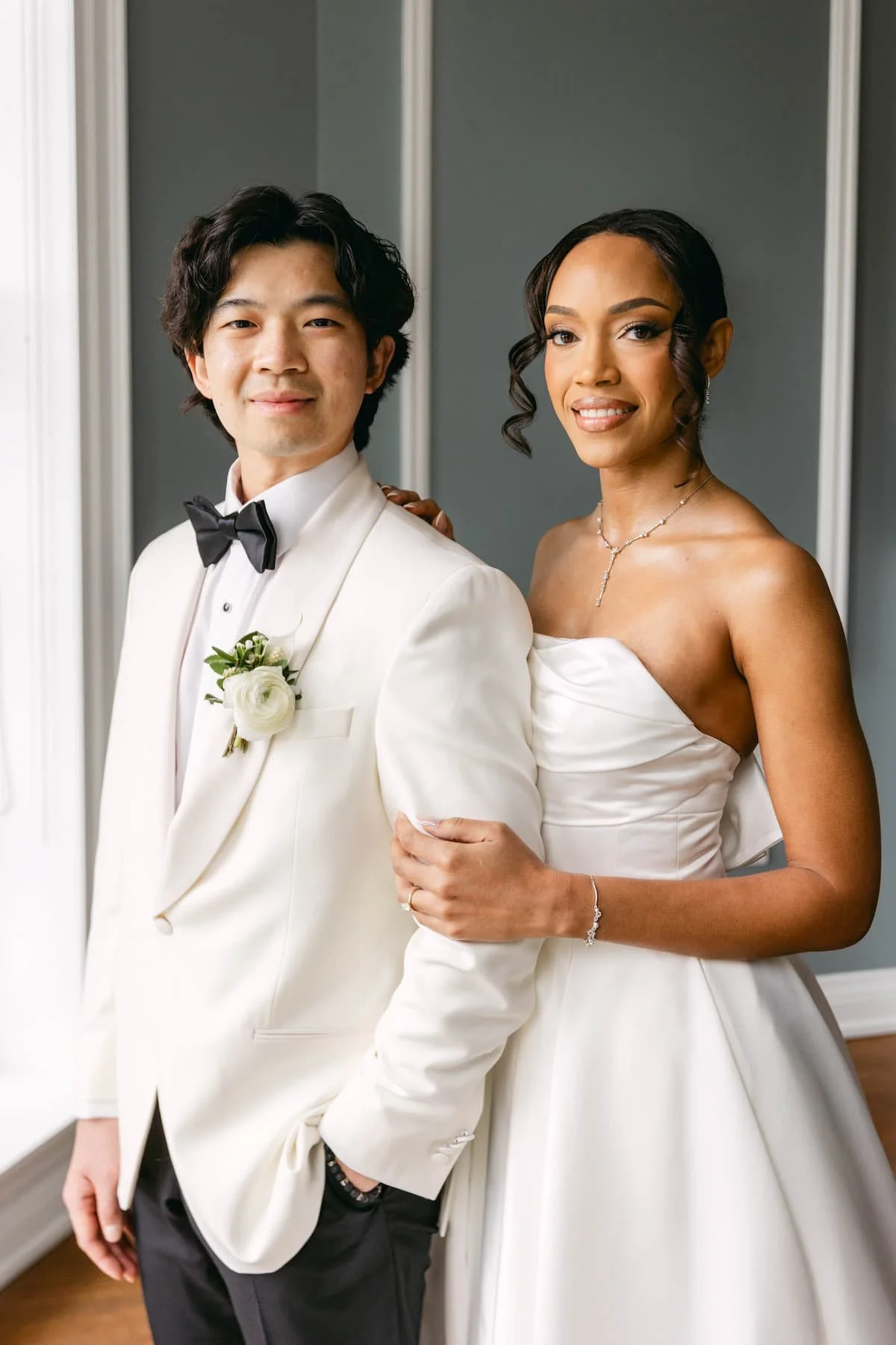 Bride and groom portrait inside Harding Waterfront Estate before their outdoor wedding ceremony.