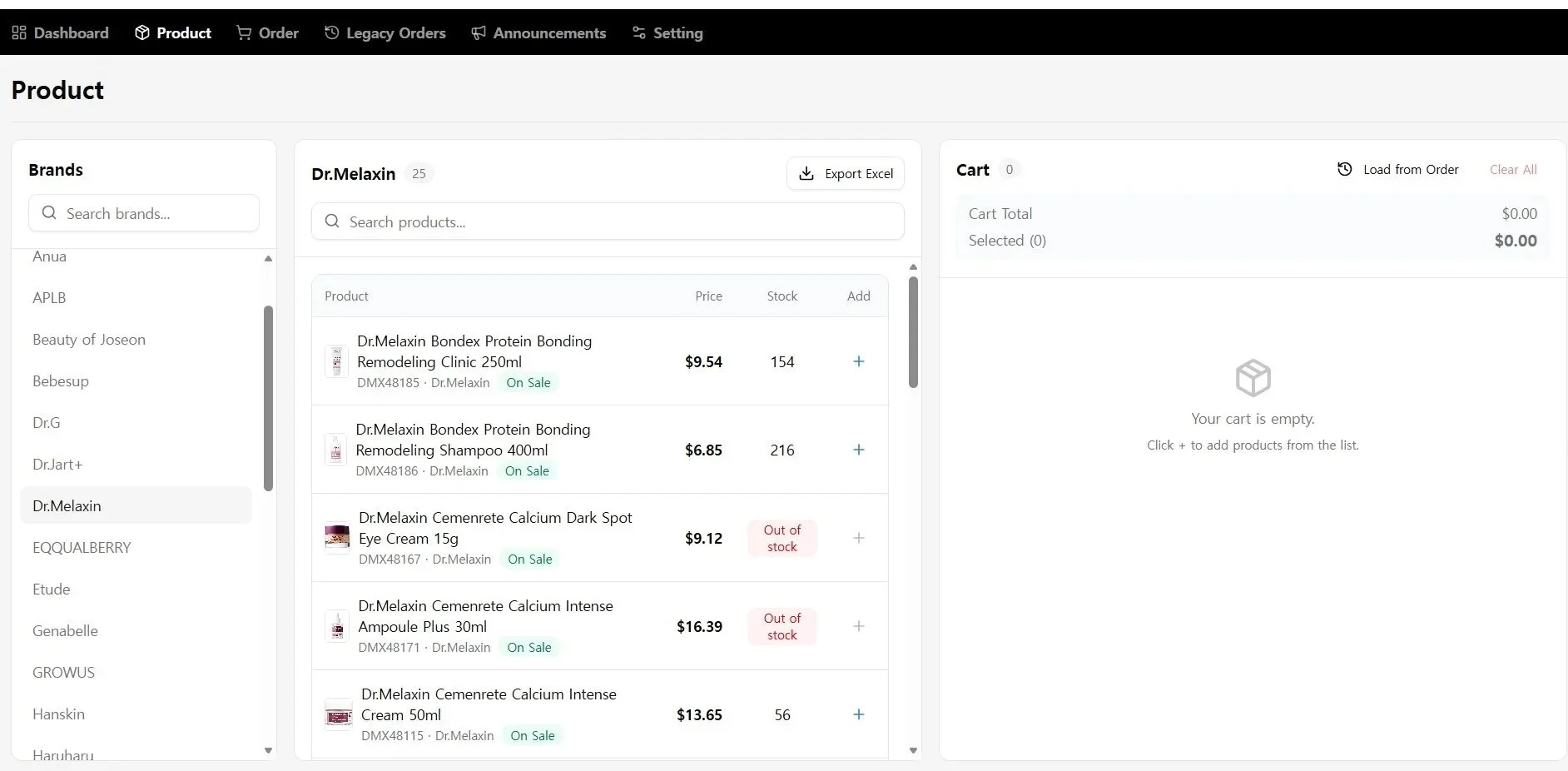 Web-based product inventory page showing various Dr. Melaxins products with prices and stock levels, including some out of stock items, in a shopping cart interface.