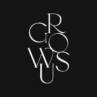 Stylized text that reads 'GROW US' with the letters arranged vertically and overlapping, on a black background.