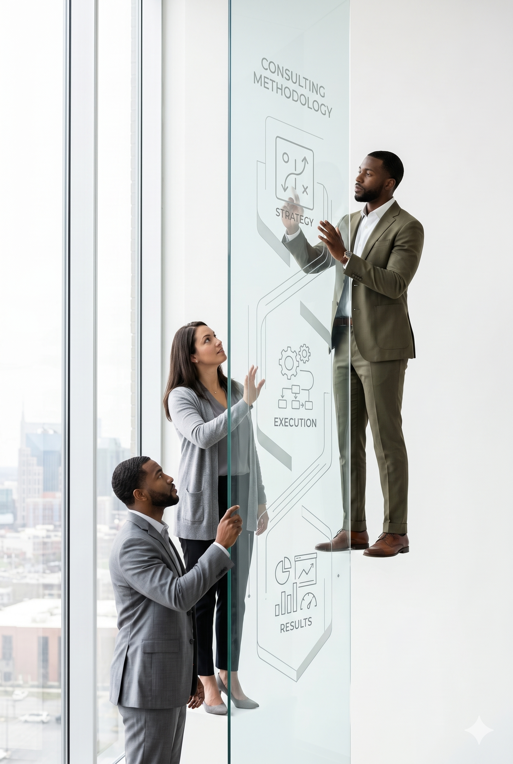 Three business professionals at a window discussing a consulting methodology diagram showing strategy, execution, and results