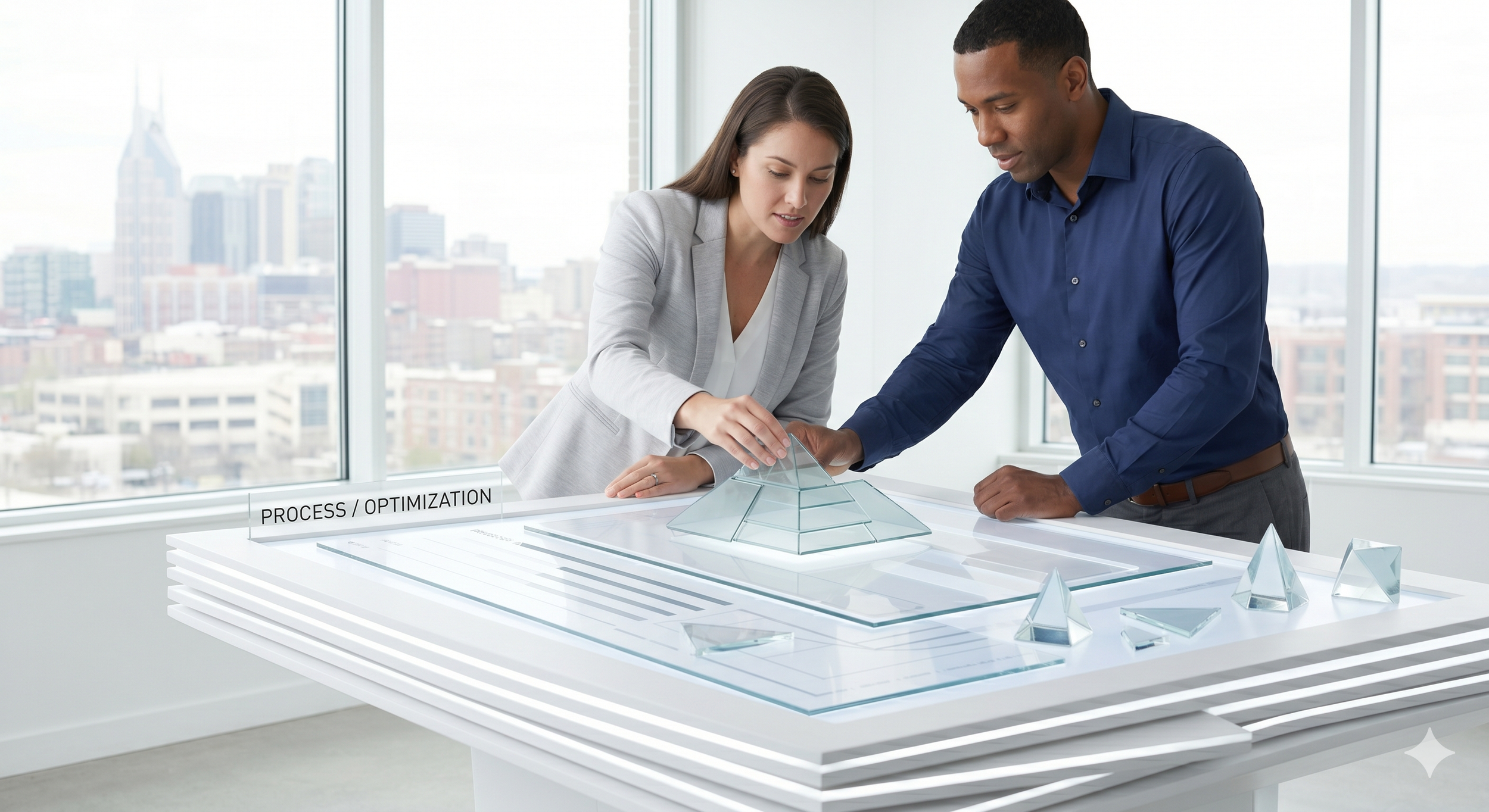 Two business colleagues reviewing a process optimization model together at a table