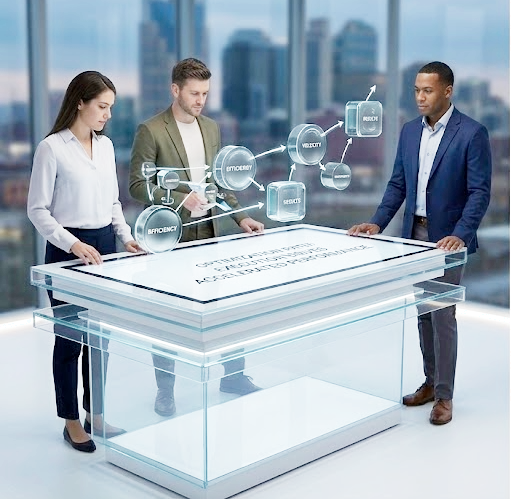 Business team analyzing performance metrics on an interactive data display