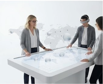 Team of professionals planning around a display showing a global operations map