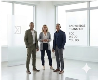Three consultants beside a knowledge transfer panel reading "I do, we do, you do"