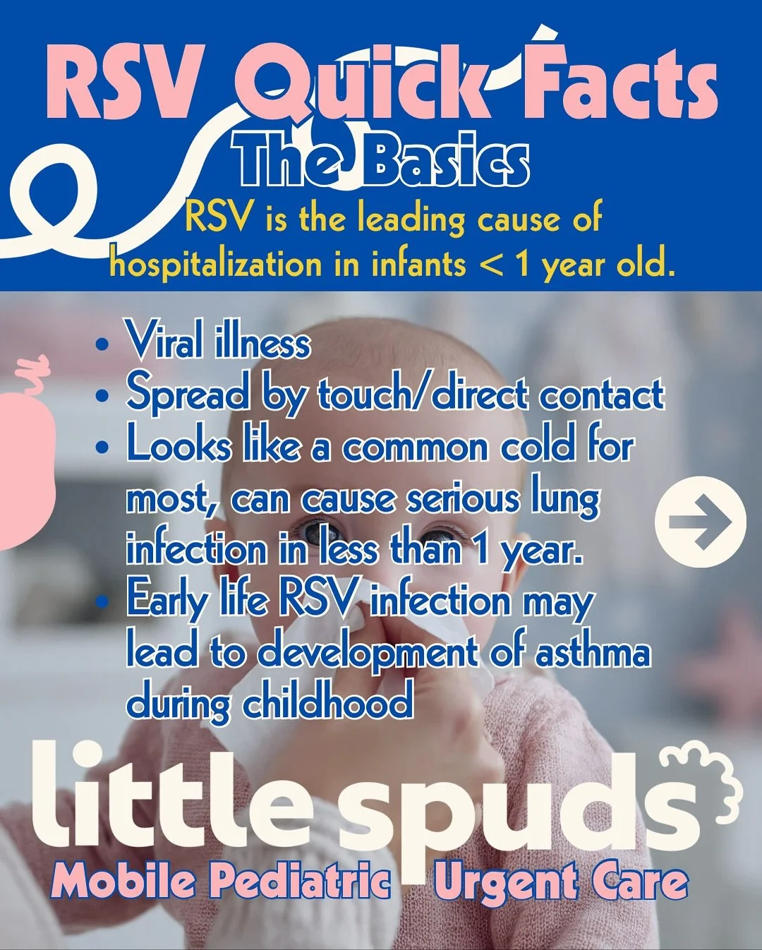 👶🏼RSV season is here! (Sept-May)!

🚨This highly contagious, common virus spreads easily and is the #1 cause of hospitalization in babies under 1 year old.

👉🏻At its mildest, RSV looks like a simple cold.
👉🏻At its worst, it can cause serious br