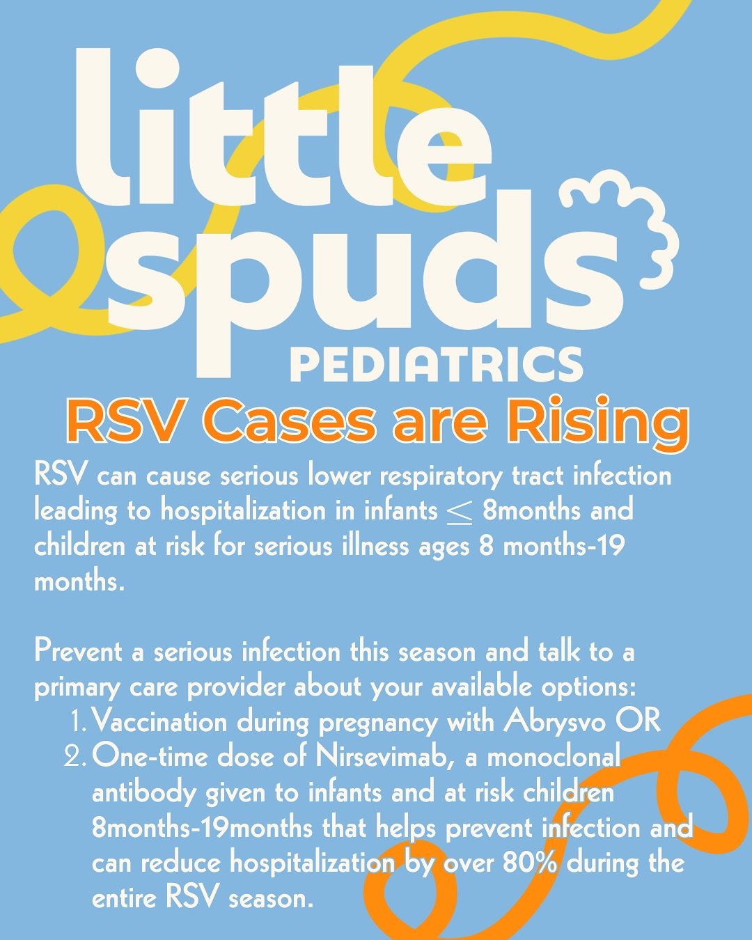 RSV Season is Here &mdash; Protect Your Little One 💛

RSV can cause serious lung infections in infants &amp; young children (especially 8&ndash;19 months). Here&rsquo;s how to help prevent it:

🍼 Pregnant? Ask your provider about the Abrysvo vaccin