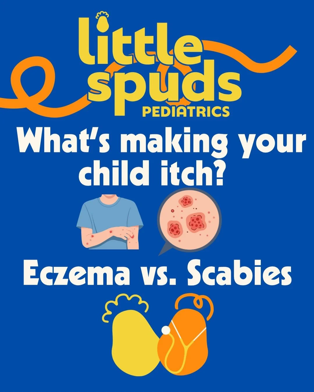 Eczema and Scabies in children can be tricky to sort out. Here at Little Spuds, we know the subtle nuances to determine what rash is making your child itch and how to begin management. We also know your child&rsquo;s symptoms can evolve and change, s