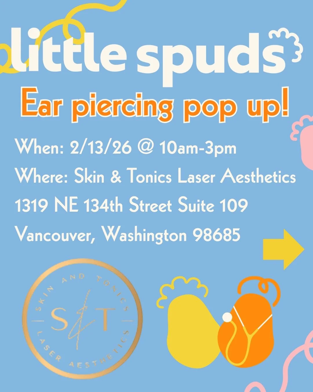Our last ear piercing popup went so well we are hosting another one JUST in time to remove studs before those Spring Break vacations! See details below.

✨ Ear Piercing Pop-Up! ✨
 Join @littlespudspediatrics and @skinandtonicslaser for safe, gentle, 