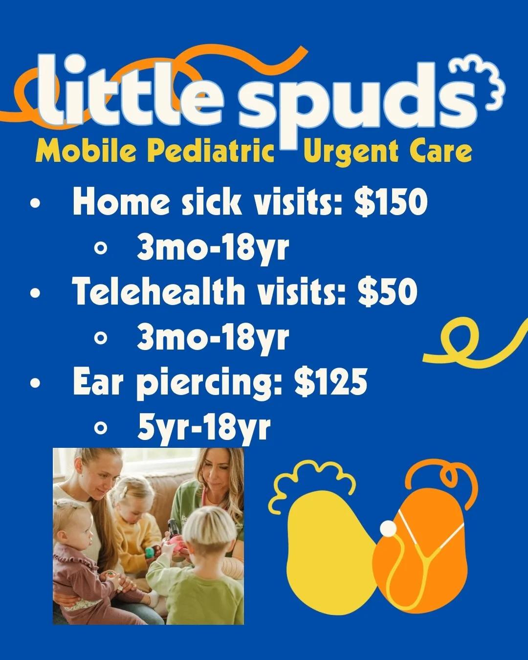 🎊NEW PRICING!🎊

Instead of one all-inclusive price, we recognize that families don&rsquo;t always need every service at a sick visit. Introducing our new, more flexible pricing structure!

🔹$150 in home sick visit - 40 min visit
🔹$50 Telehealth v