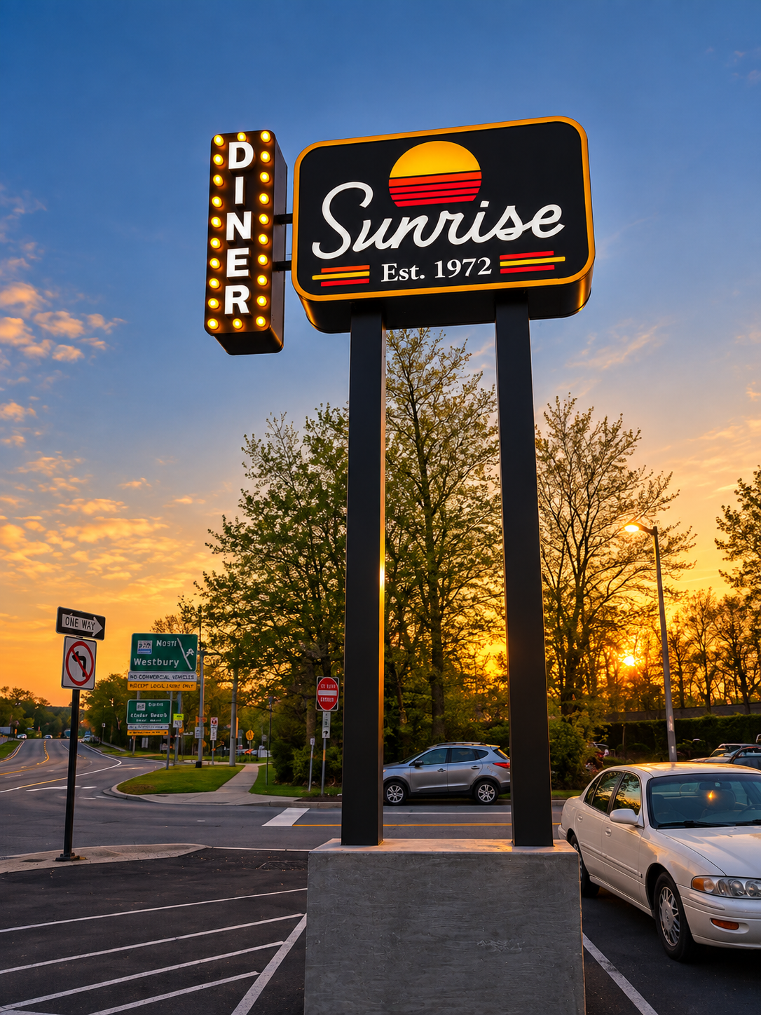 Letrero retro del Sunrise Diner al atardecer.png