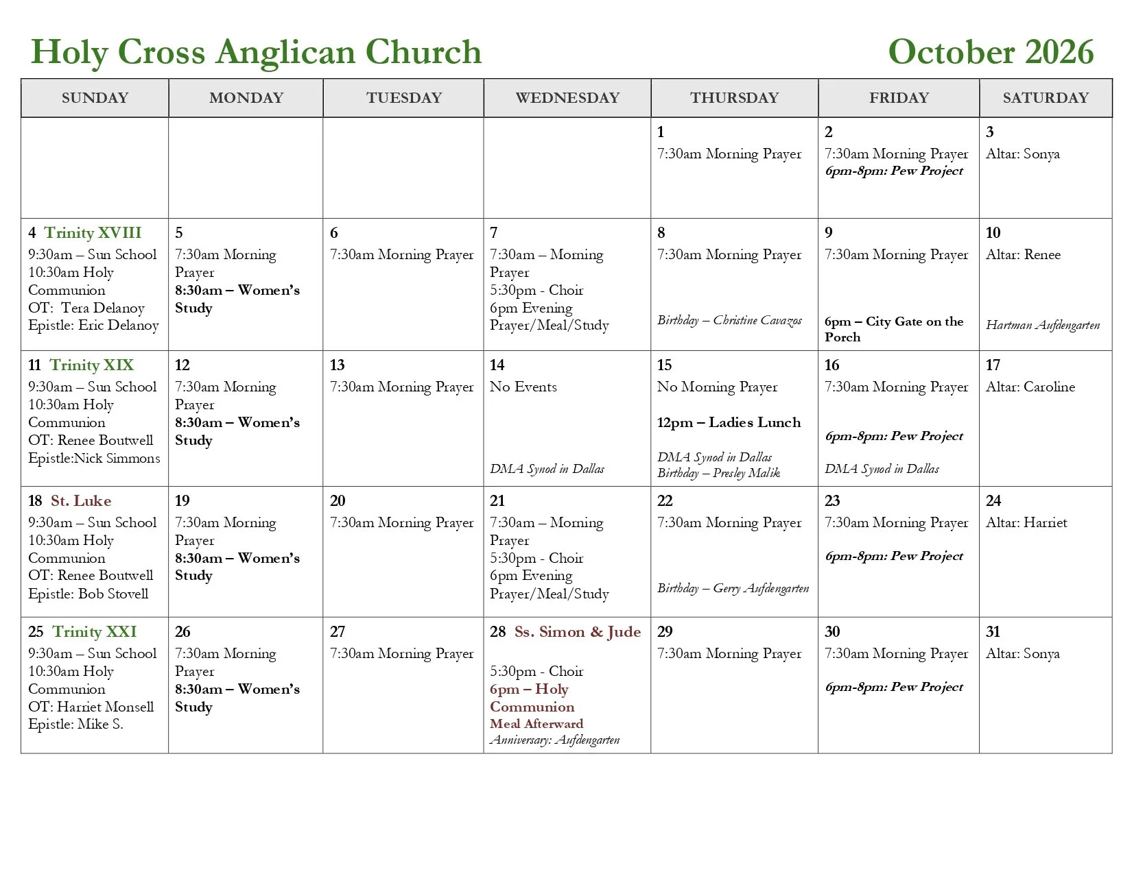October Calendar 2026
