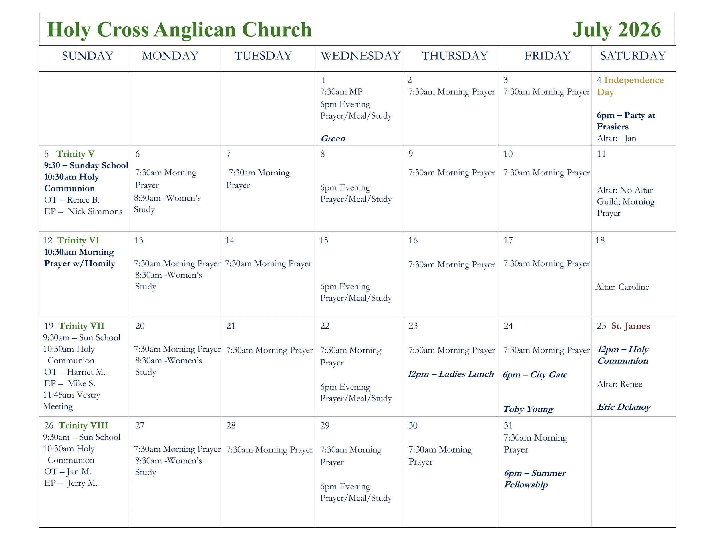 July 2026 church schedule for Holy Cross Anglican Church, listing weekly prayer meetings, services, and special events from July 1 to July 31