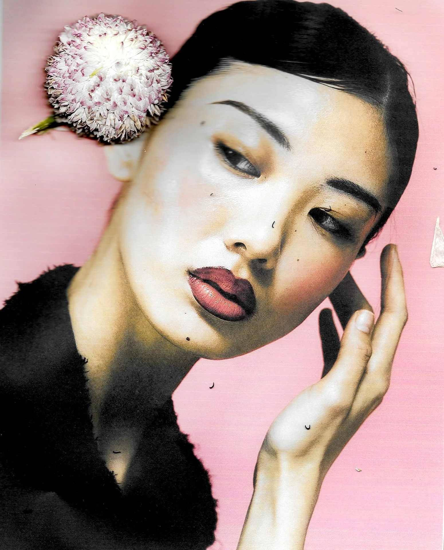 A portrait of an Asian woman with short black hair, a pink flower behind her ear, dark lipstick, and makeup, set against a pink background.