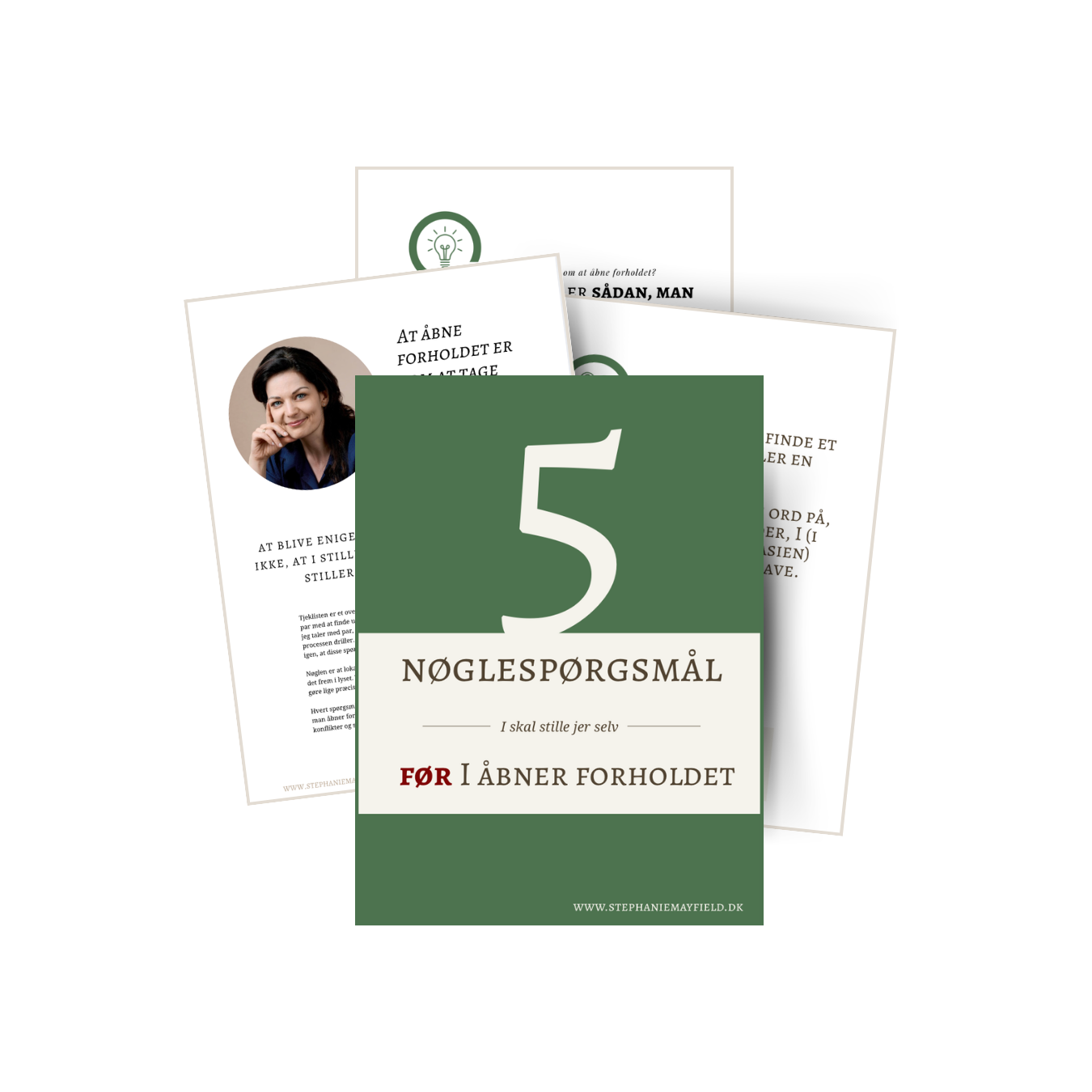 Billedet viser en brochure med titlen "5 Nøglespørgsmål, I skal stille jer selv, før I åbner forholdet", som indeholder tips om at åbne forholdet. Folderen er lavet af Stephanie Mayfield, parterapeut og sexolog med speciale i åbne forhold.