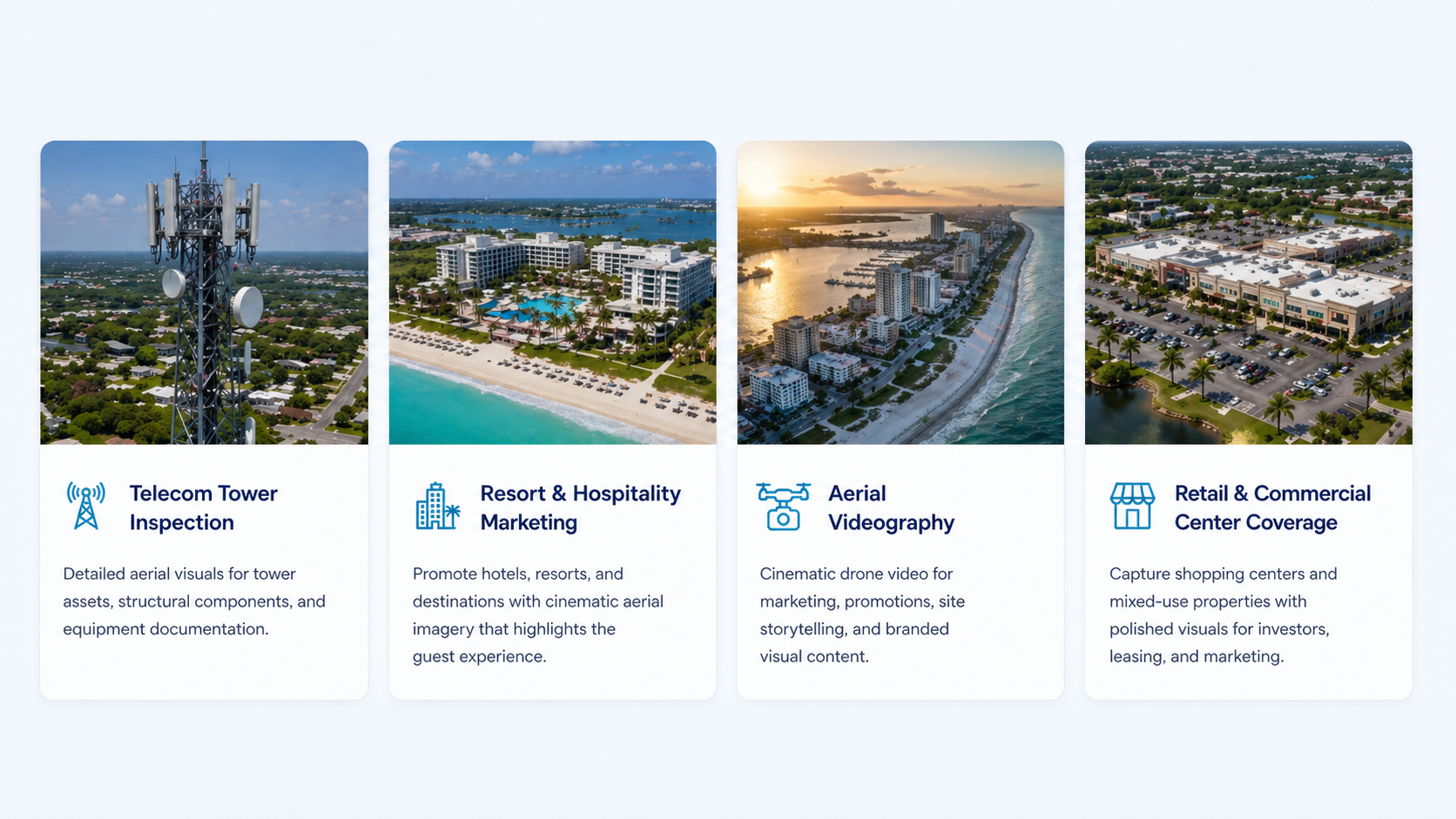 Featured aerial project types from Tropics Aerial Solutions, including office park marketing, construction site progress, solar project documentation, litigation support site overviews, telecom tower inspections, resort marketing, aerial videography
