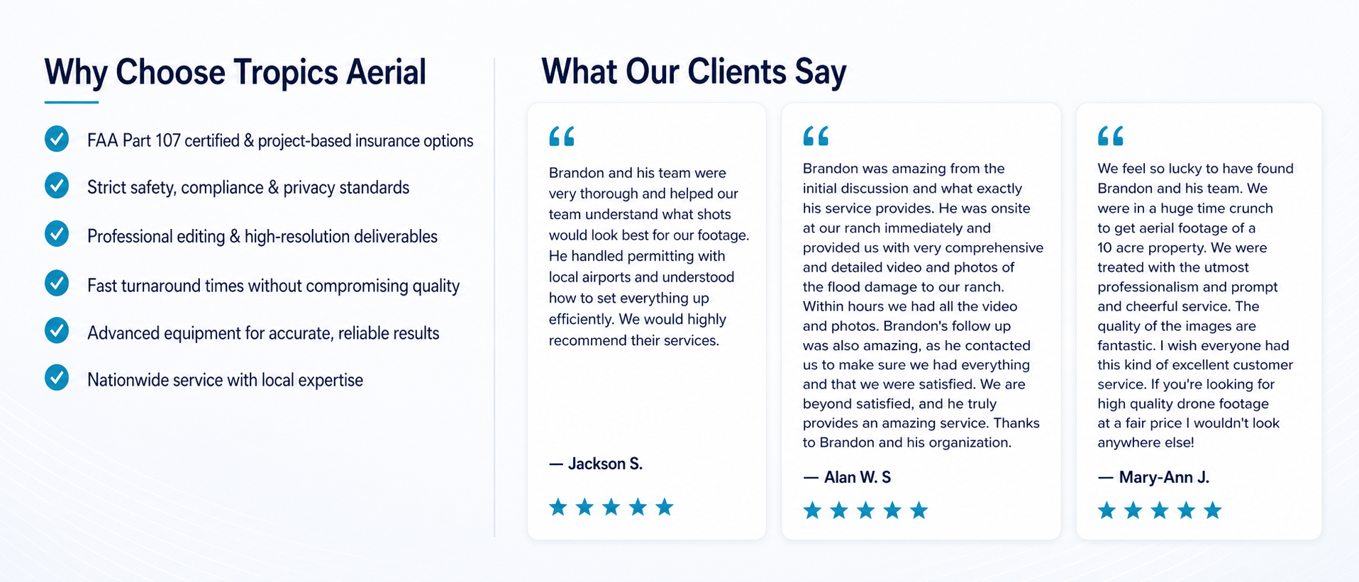 Client reviews and reasons to choose Tropics Aerial Solutions for professional drone photography, videography, inspections, and nationwide aerial services.