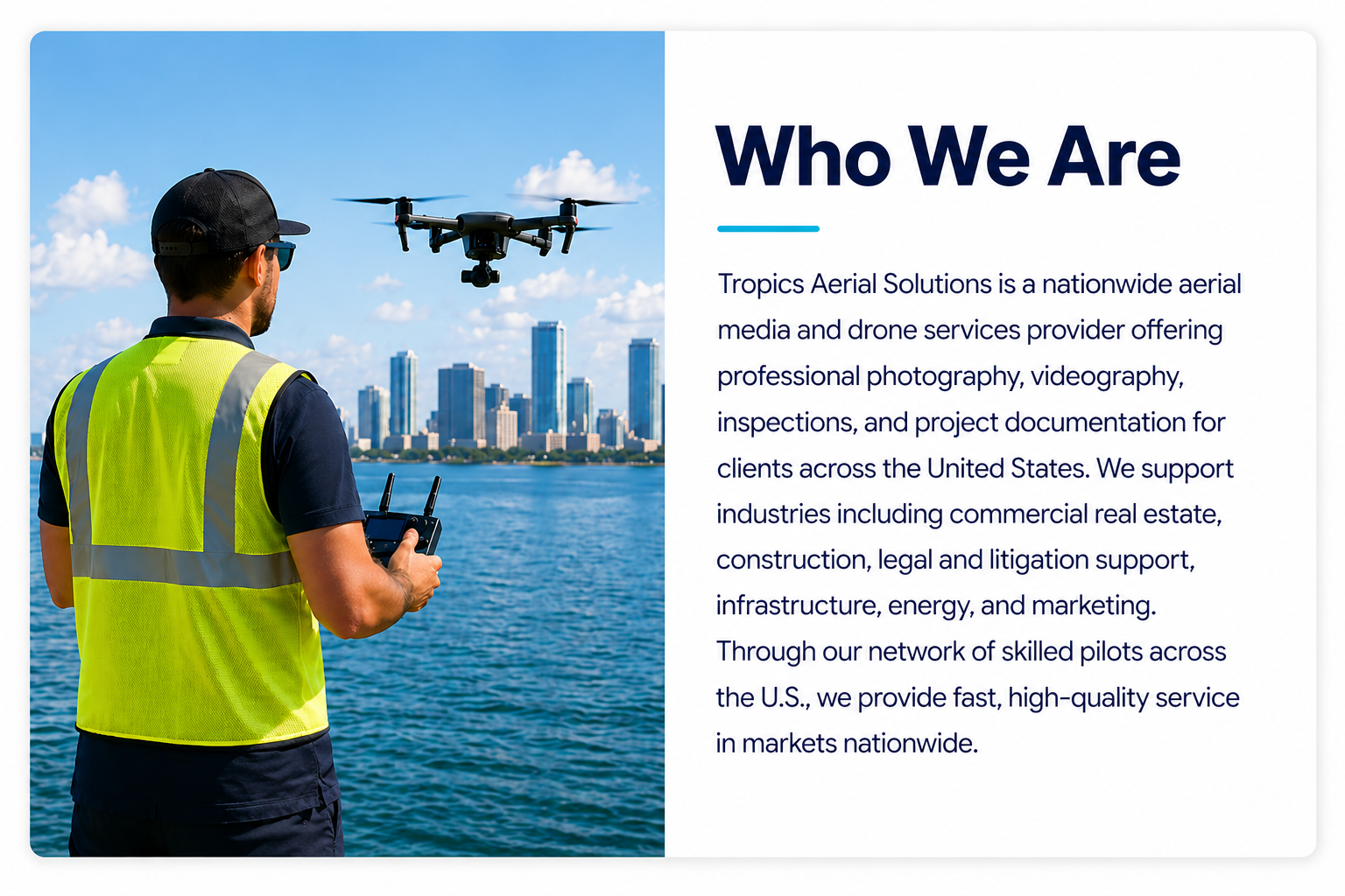 Drone pilot operating a professional drone near a city skyline for nationwide aerial media and drone services.