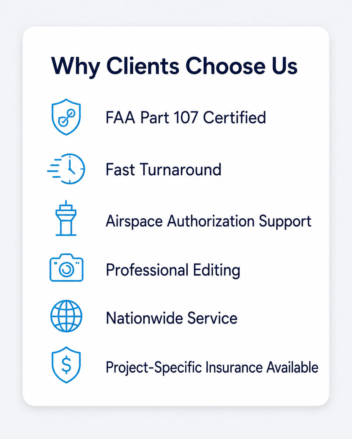 Why clients choose Tropics Aerial Solutions, including FAA Part 107 certification, fast turnaround, airspace authorization support, professional editing, nationwide service, and project-specific insurance options.