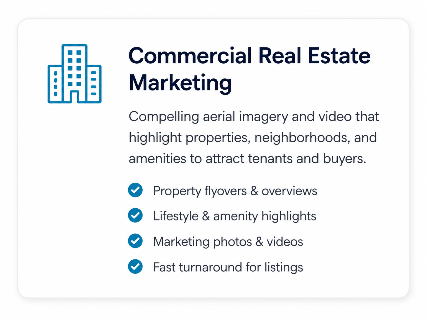 Commercial real estate drone photography and aerial video marketing services for property listings and presentations.