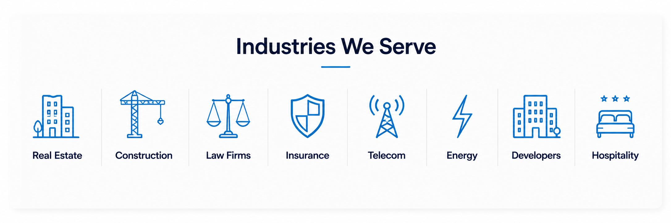 Industries served by Tropics Aerial Solutions including real estate, construction, law firms, insurance, telecom, energy, developers, and hospitality.