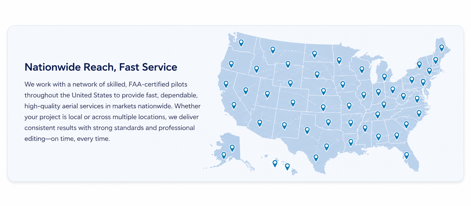 United States map with location pins representing nationwide drone services and local pilot support across the country.