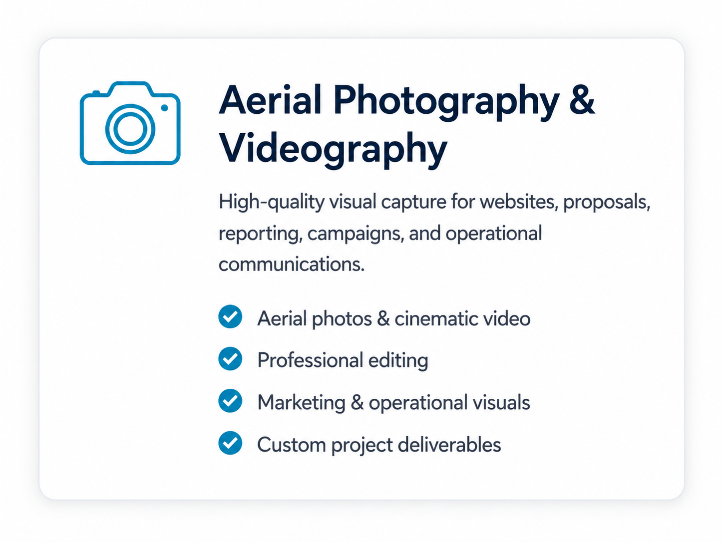 Aerial photography and videography services with professional editing, cinematic video, and custom project deliverables.