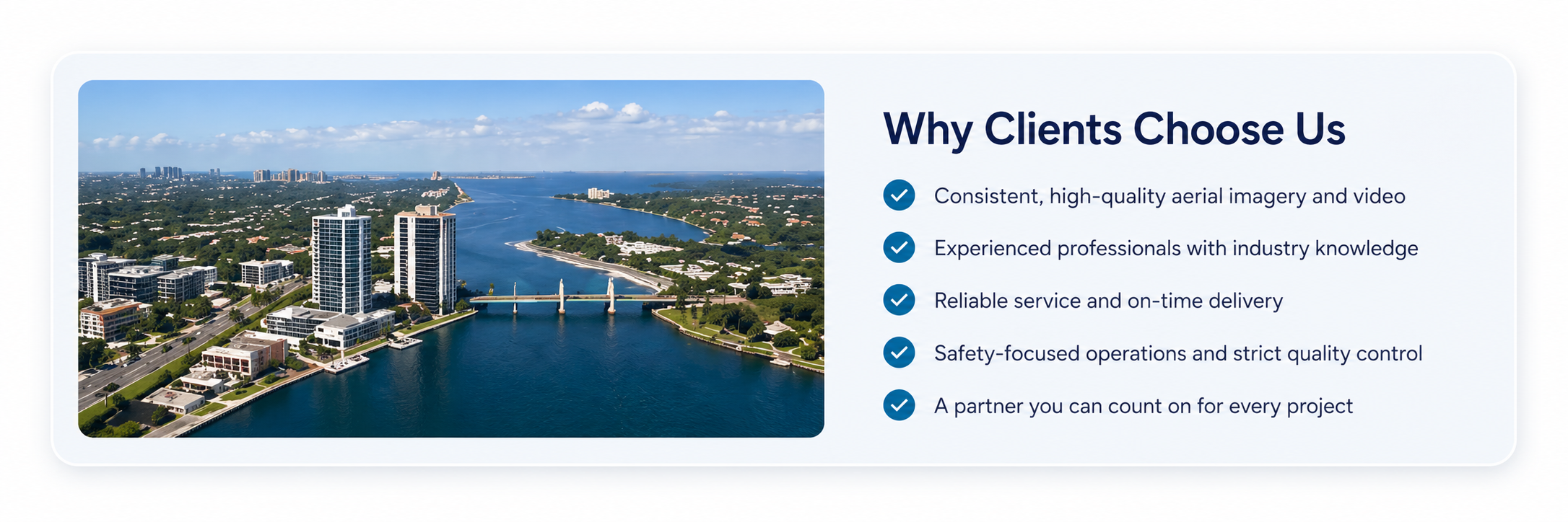 Reasons clients choose Tropics Aerial Solutions for consistent aerial imagery, reliable service, safety-focused operations, and professional project support.