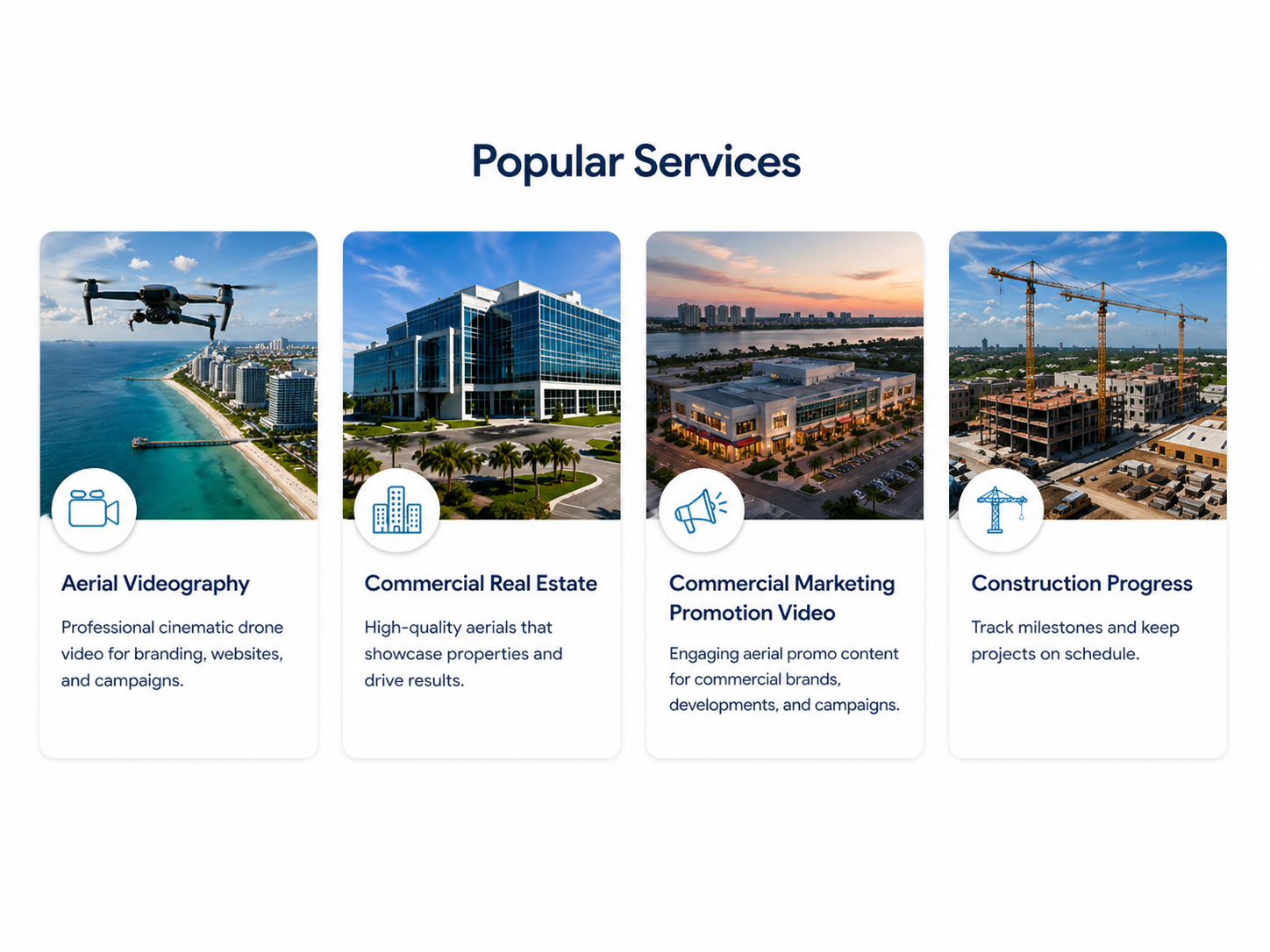 Popular drone services including aerial videography, commercial real estate, commercial marketing videos, and construction progress documentation.