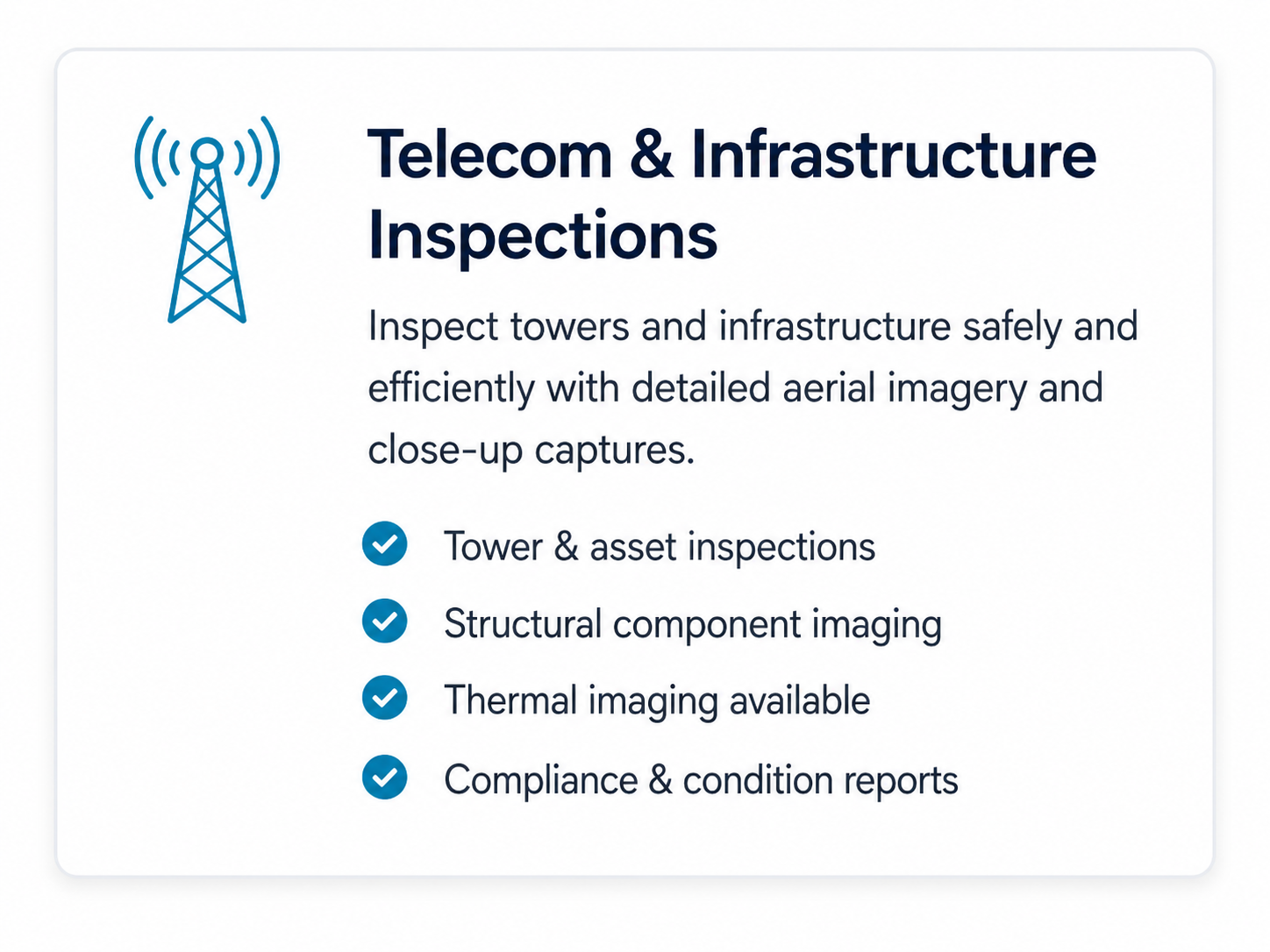 Telecom and infrastructure drone inspections for towers, assets, structural components, and condition reports.
