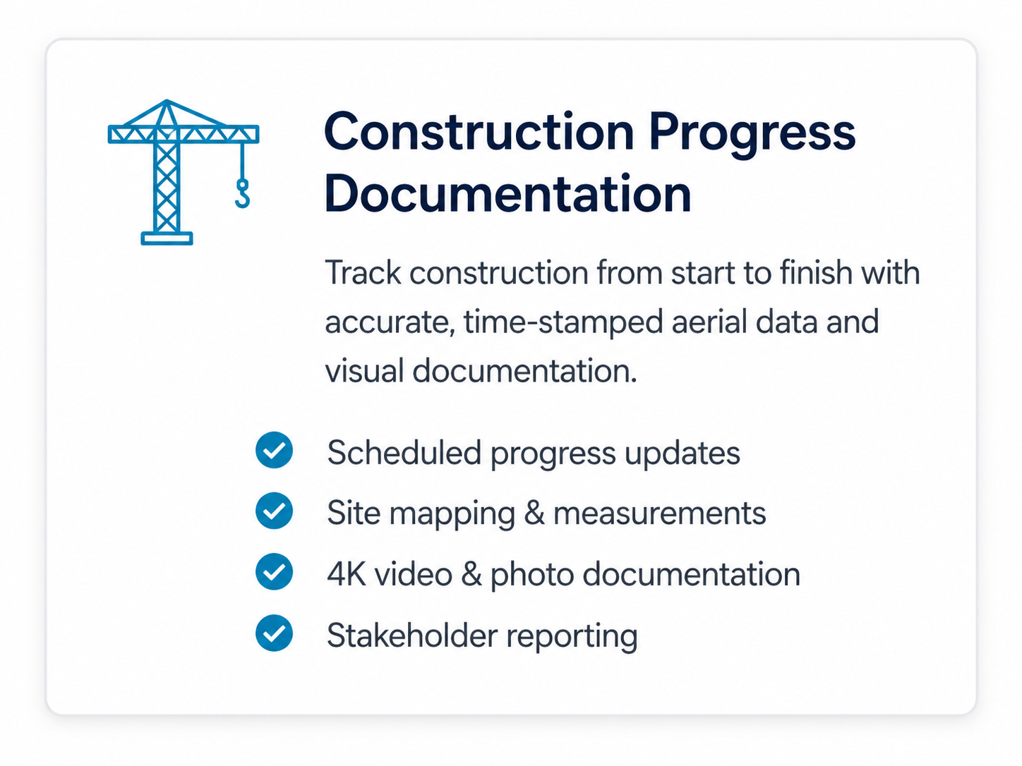 Construction progress drone documentation with aerial photos, video, site mapping, and stakeholder reporting.