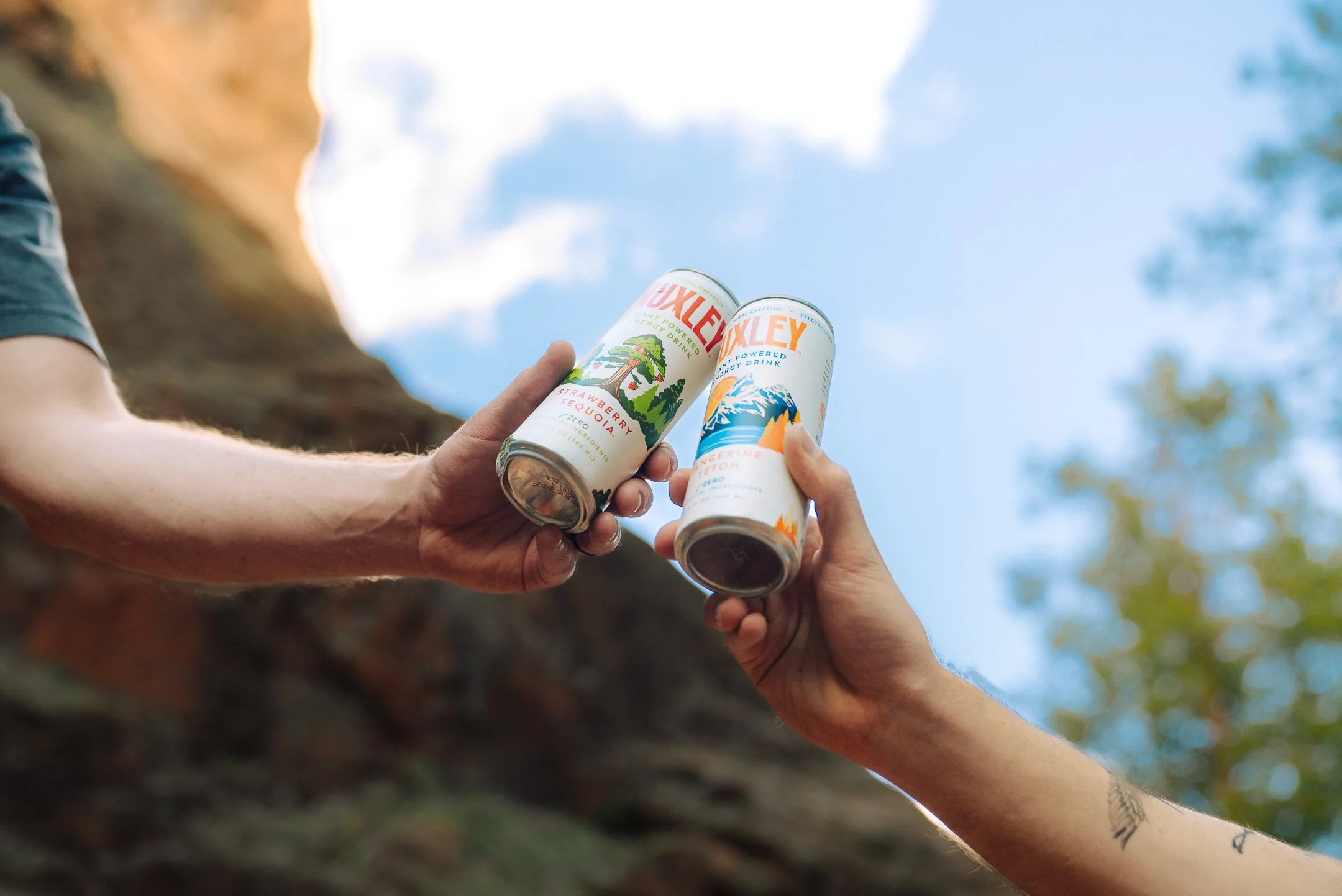 Two people clinking cans of Lexley energy drinks outdoors, with a blue sky and trees in the background.