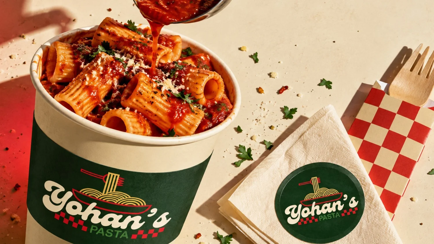 Takeout packaging with sticker and wrap