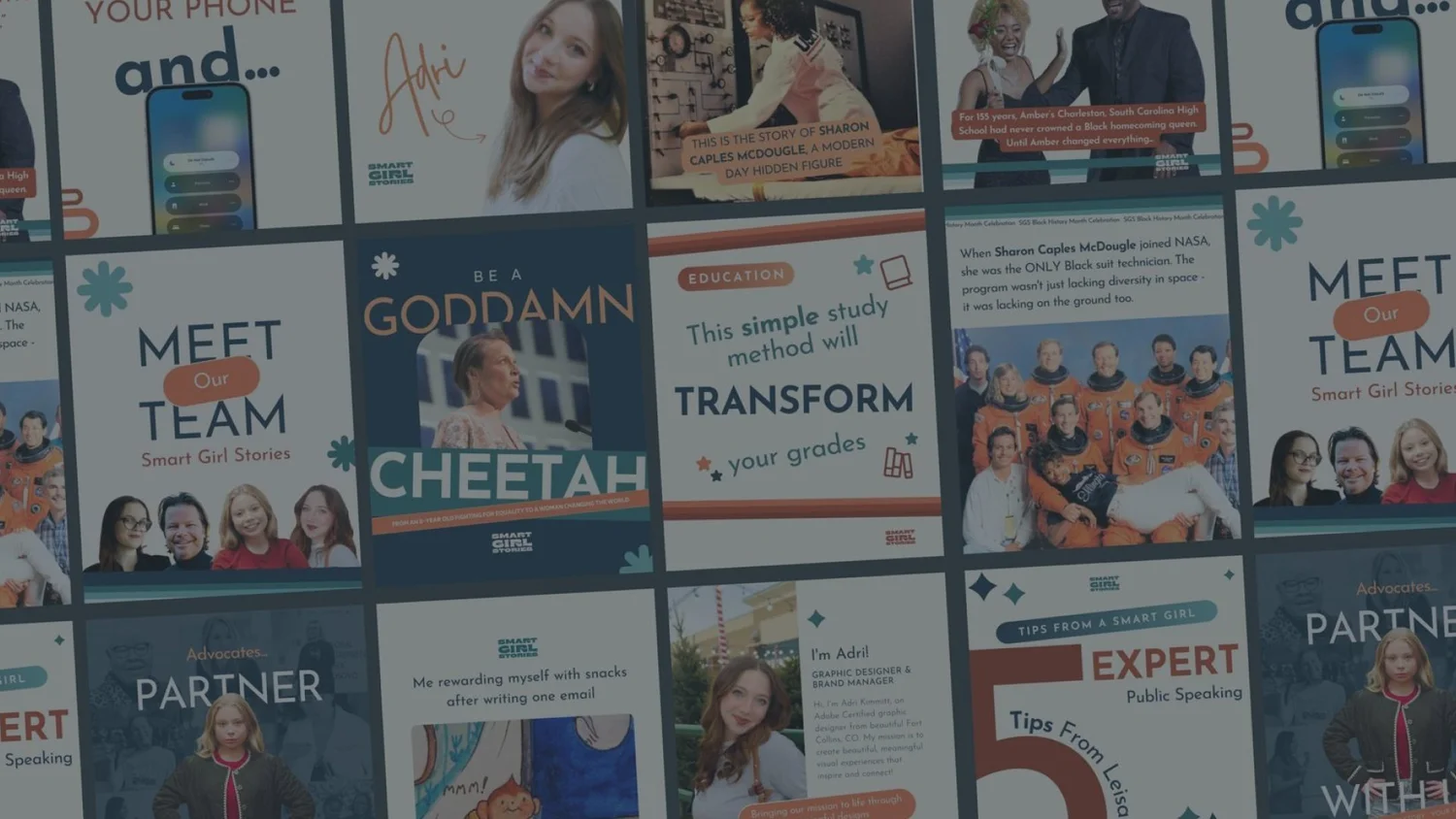Grid of Smart Girl Stories social posts in navy and orange featuring women and quotes