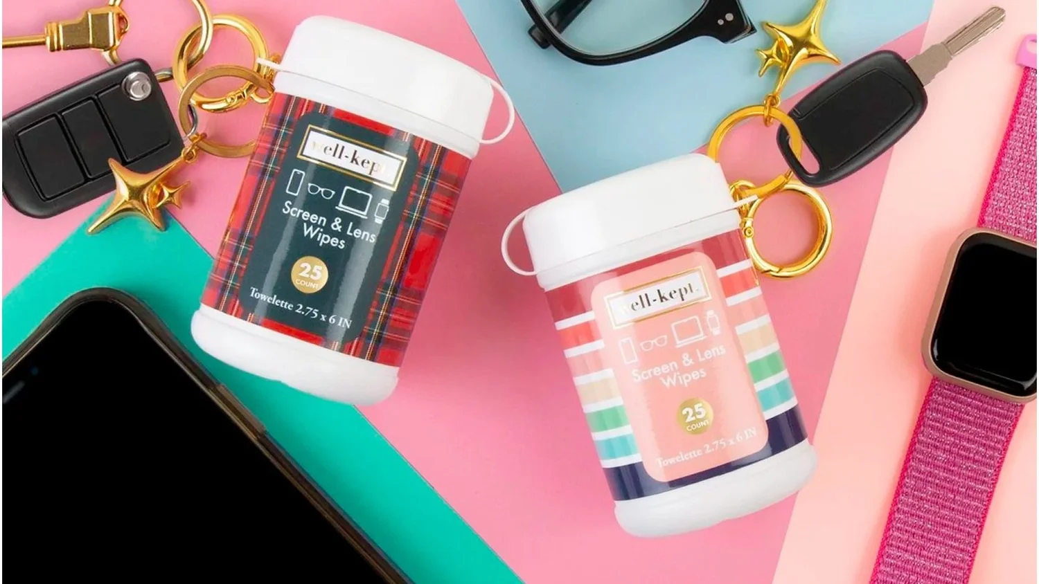 Travel wipes in plaid and stripe patterns