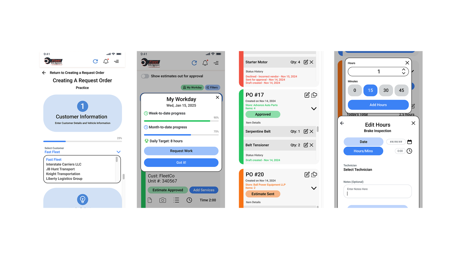 Customer selection, totals, and time entry