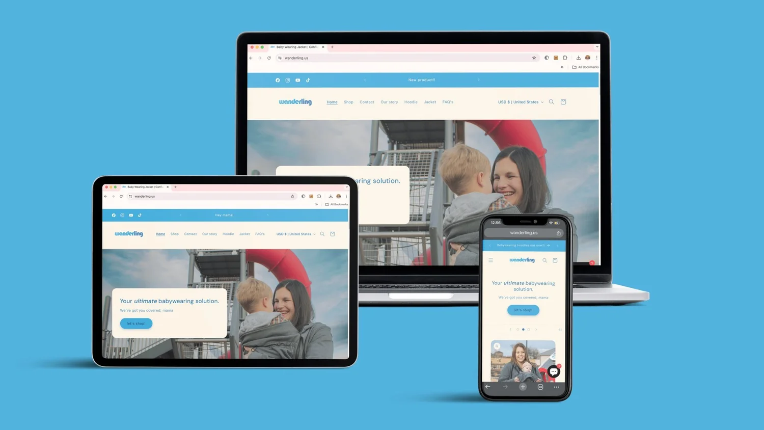 Wanderling website shown on a laptop, tablet and phone against a blue background