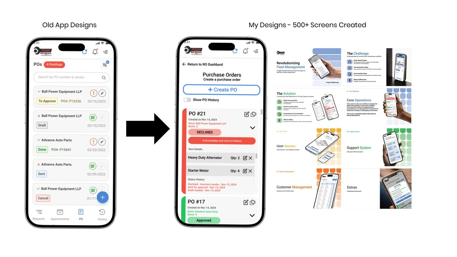 Purchase-order screens, before and after