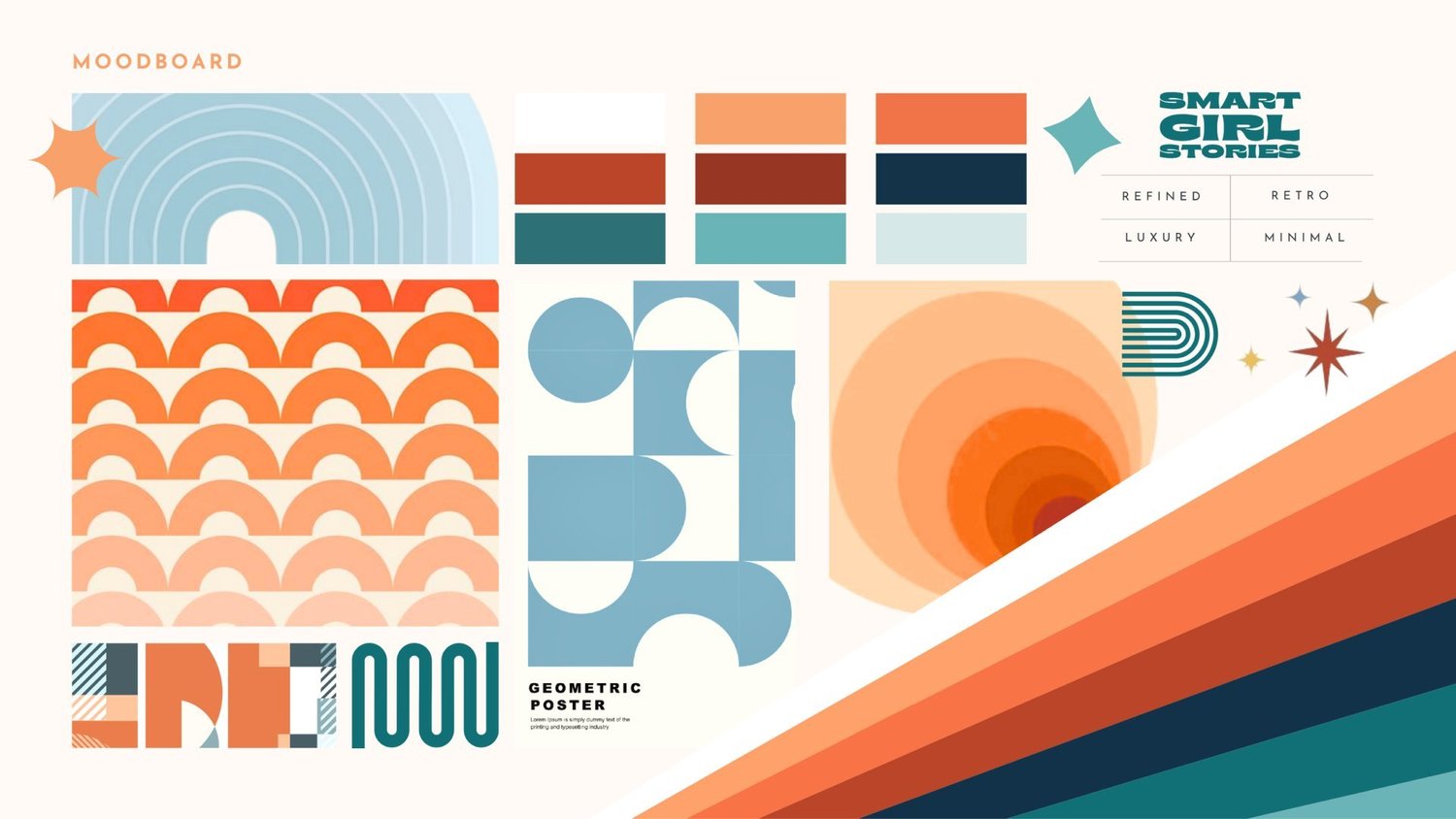Warm colors, retro shapes, bold lettering