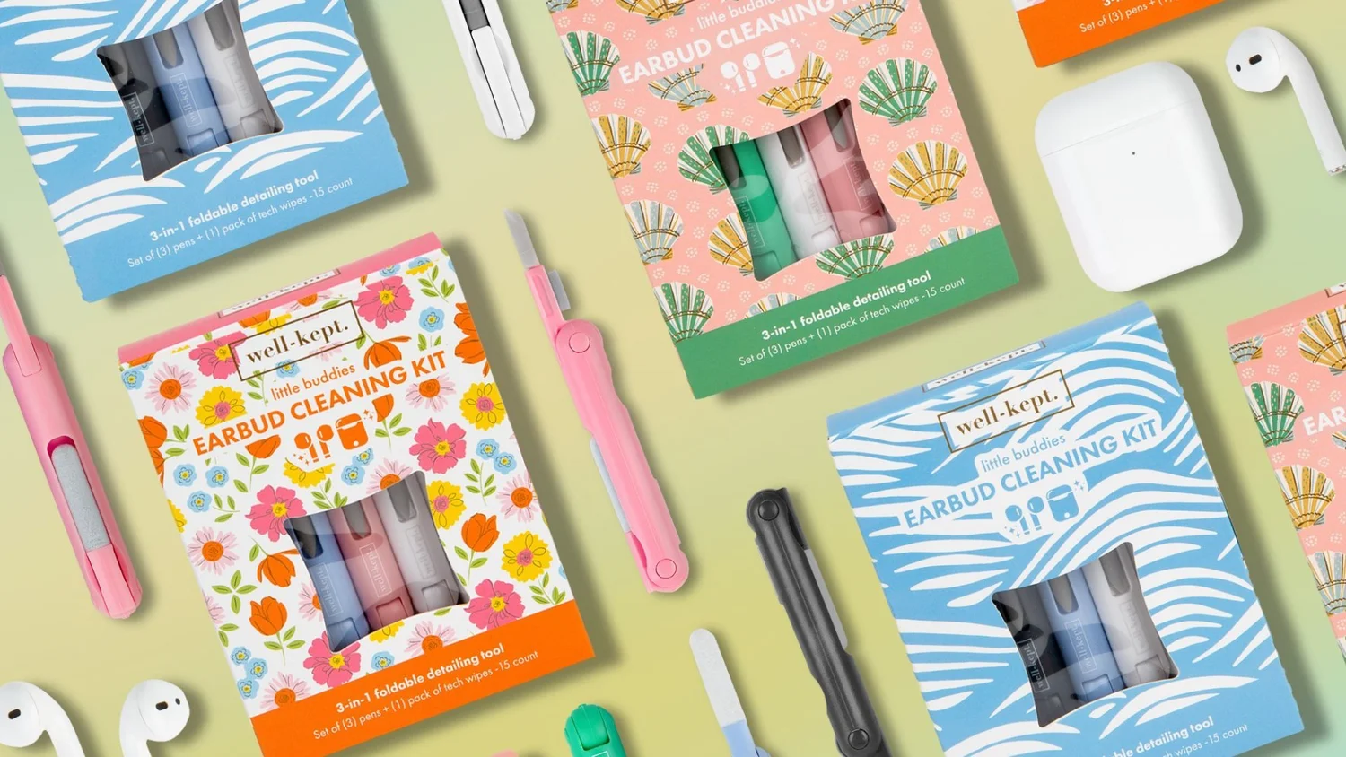 Earbud-cleaning kits with matching patterns