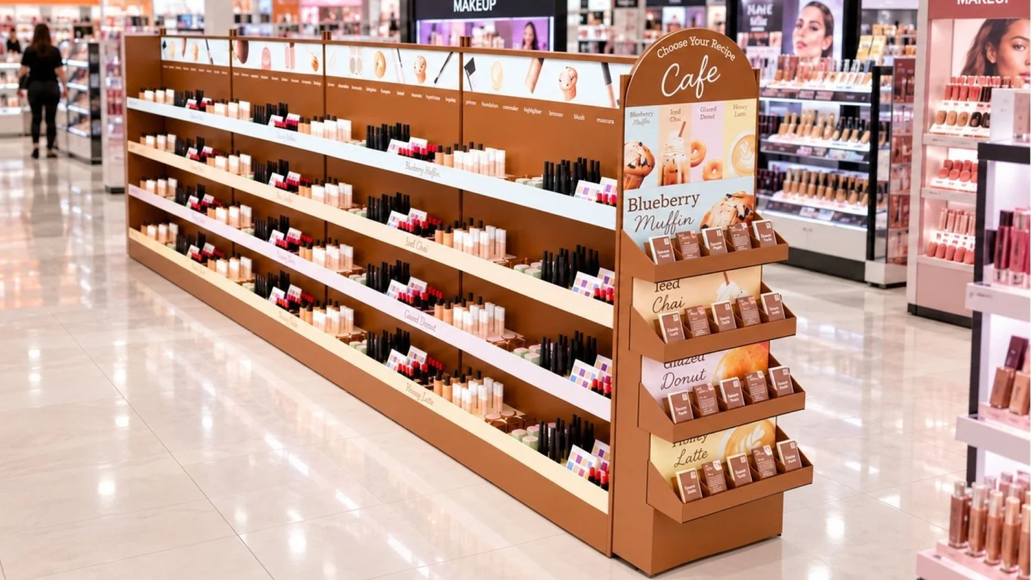 Ulta Beauty cafe-themed gondola end cap in brown with recipe cards, on a store aisle
