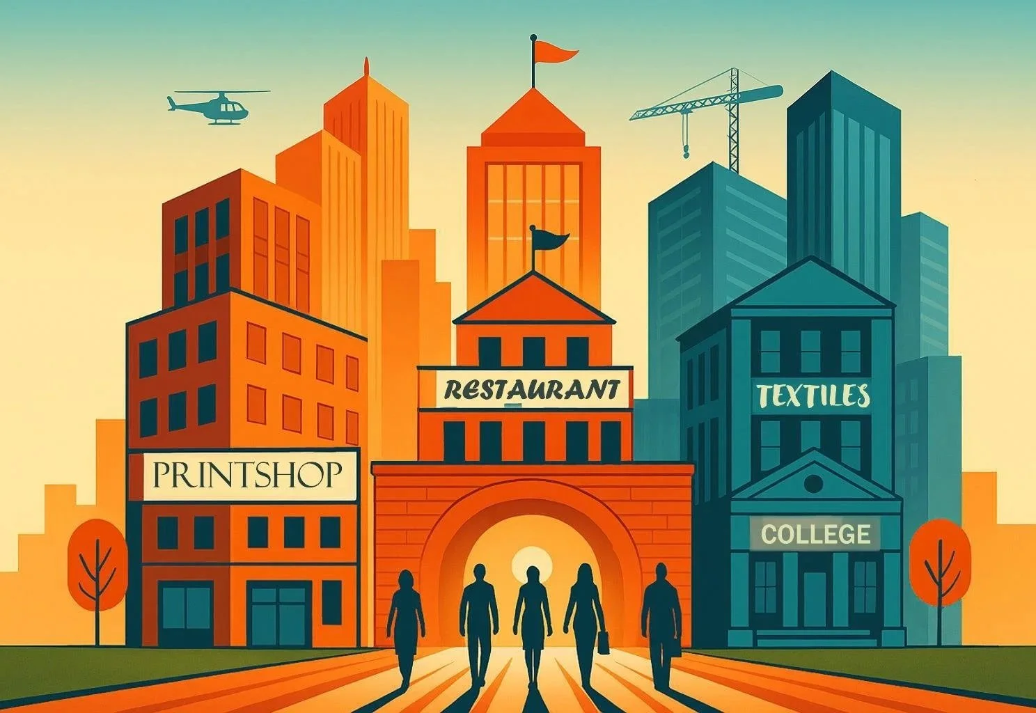 A group of business leaders approaching a city