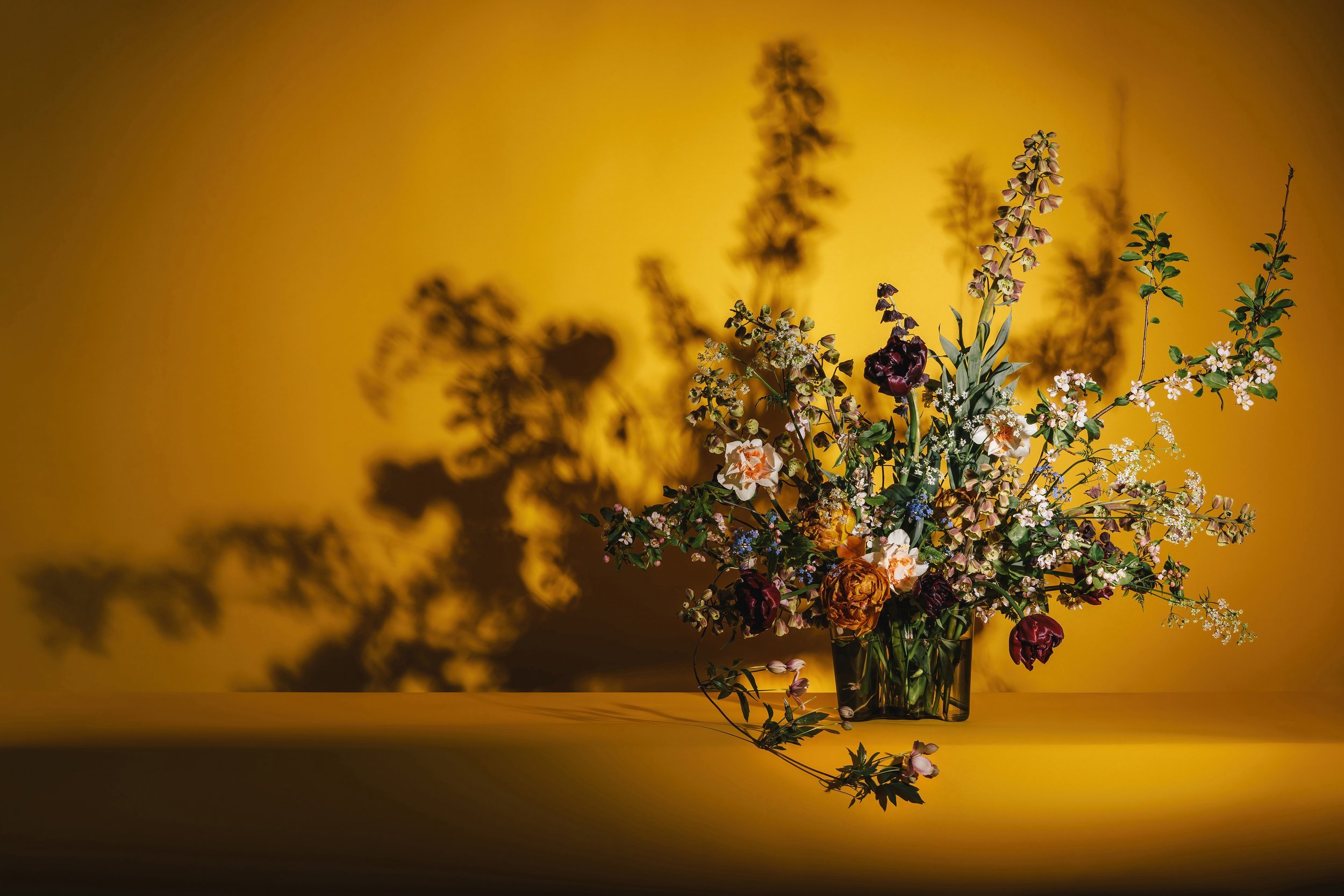 Bouquet of assorted flowers in geometric vase on yellow background with shadows.