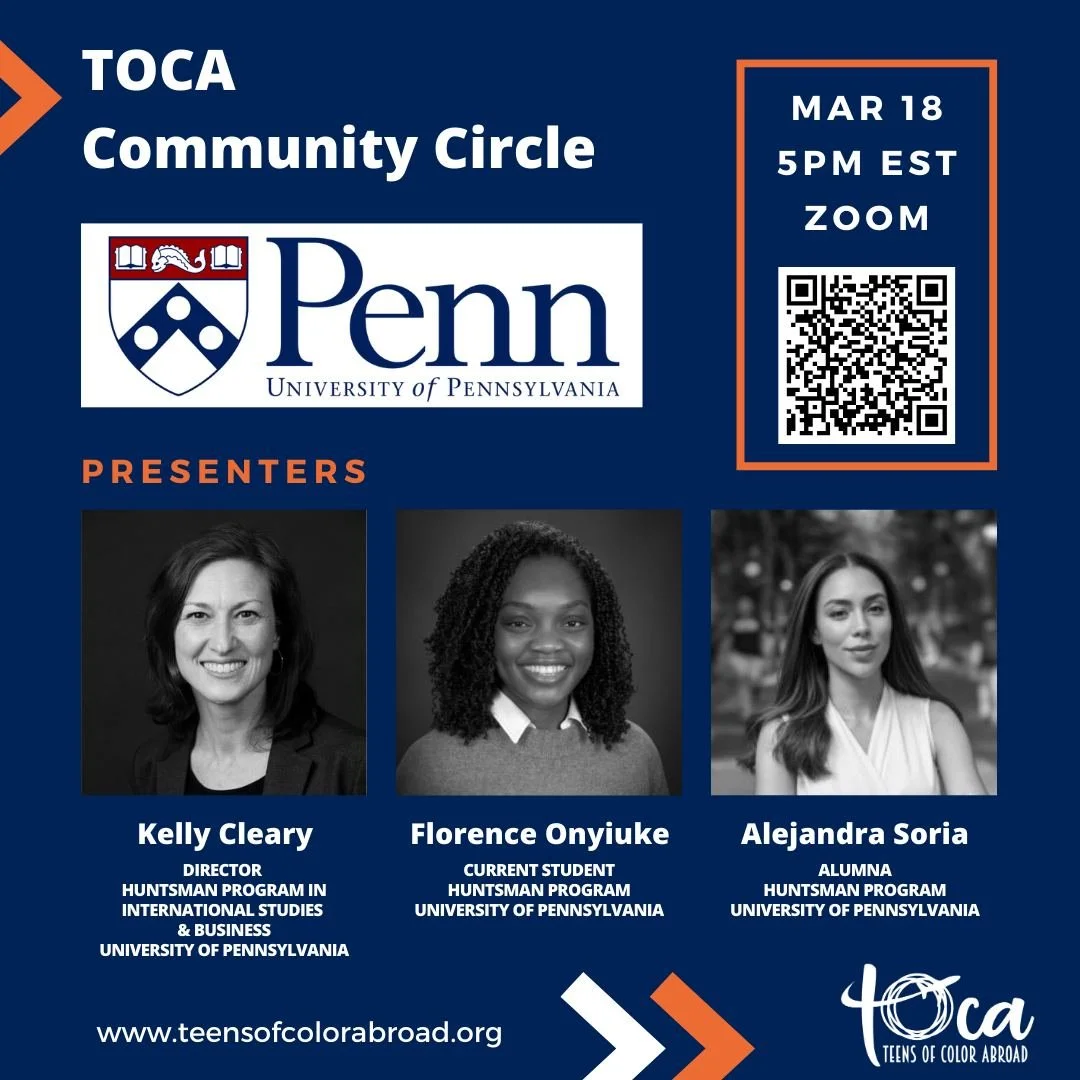 Join TOCA on Wednesday, March 18th, at 5 PM EST for our March Community Circle!

The Huntsman Program in International Studies &amp; Business at the University of Pennsylvania in Philadelphia is a unique undergraduate four-year coordinated dual degre