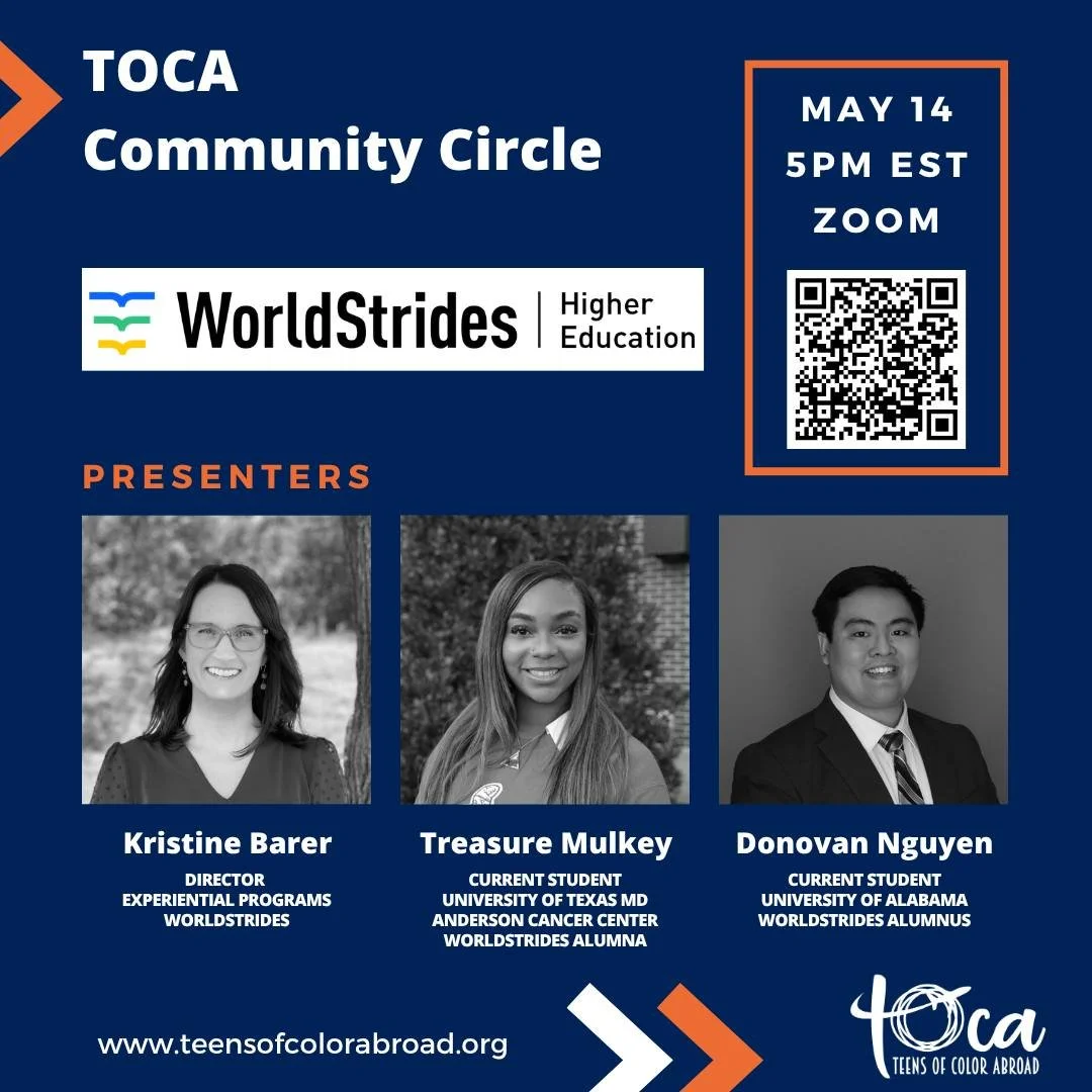 Join TOCA on Thursday, May 14th at 5:30 PM EST for our May Community Circle!

Kristine Barer, Director of Experiential Programs at WorldStrides, will offer an overview of their internship programs across Asia, Europe, and the Pacific. Internship plac