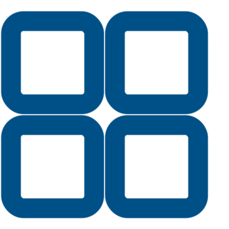 Four blue square buttons with rounded corners, arranged in a 2x2 grid, each with a black center.